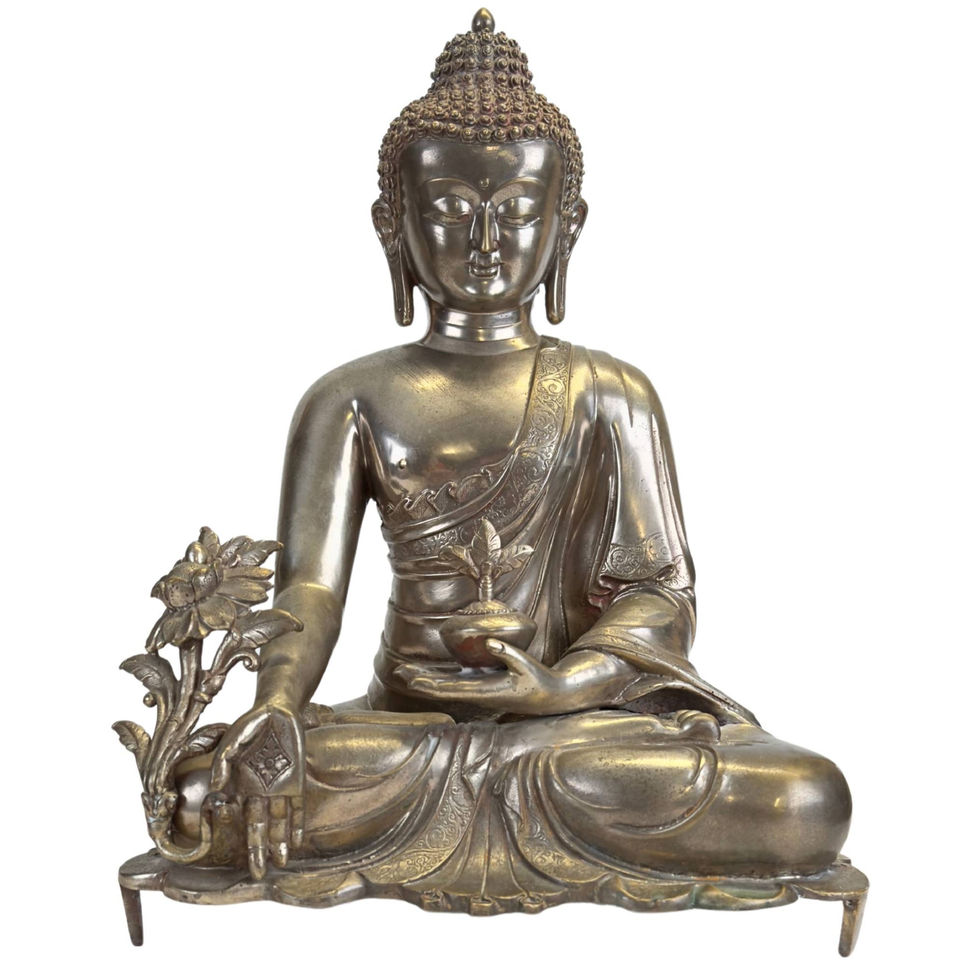 Double Newar lotus throne with richly chased lotus leaves and silver-plated finish.
