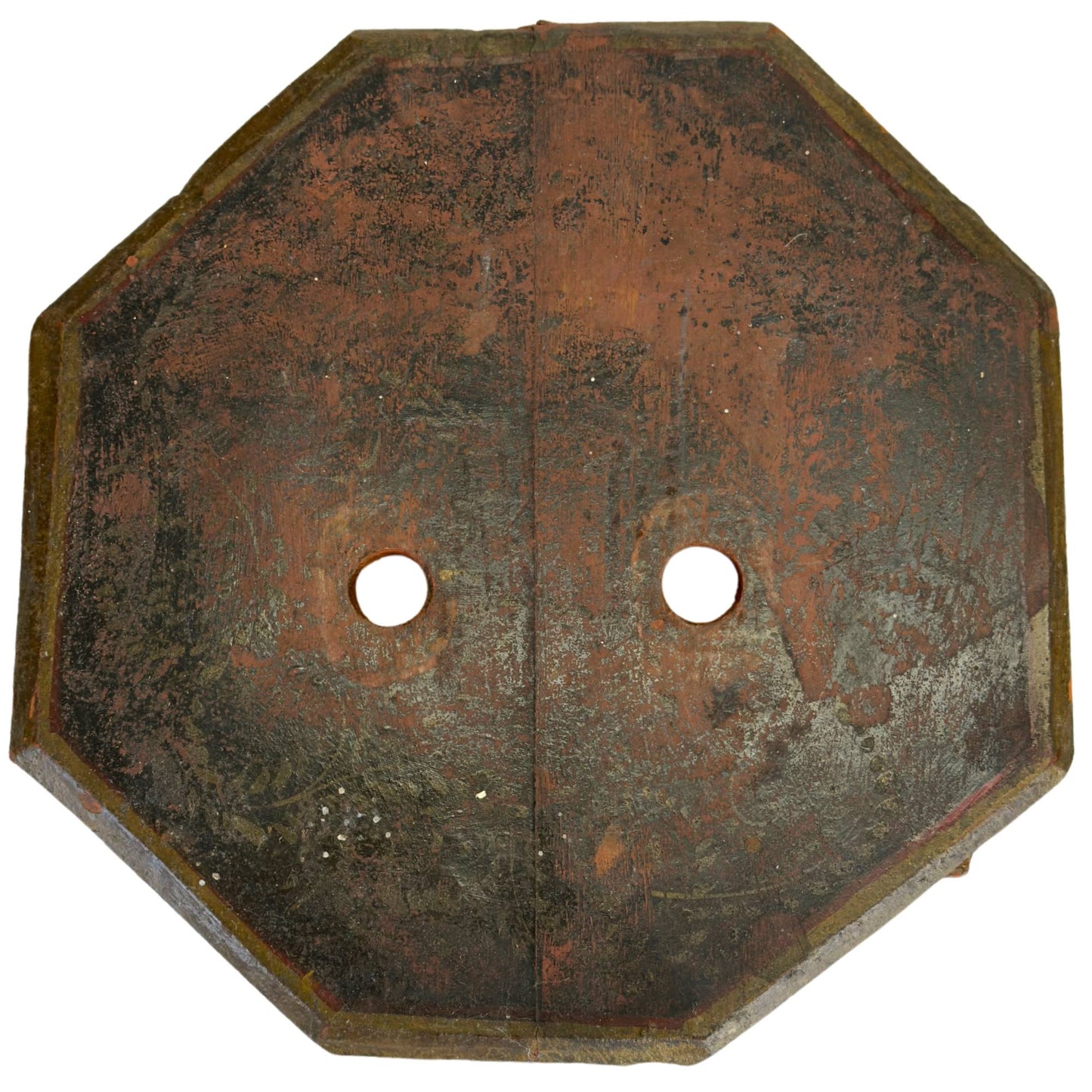 Bottom of Indian wooden folk art statue with octagonal base, wear, patina and old signs of use