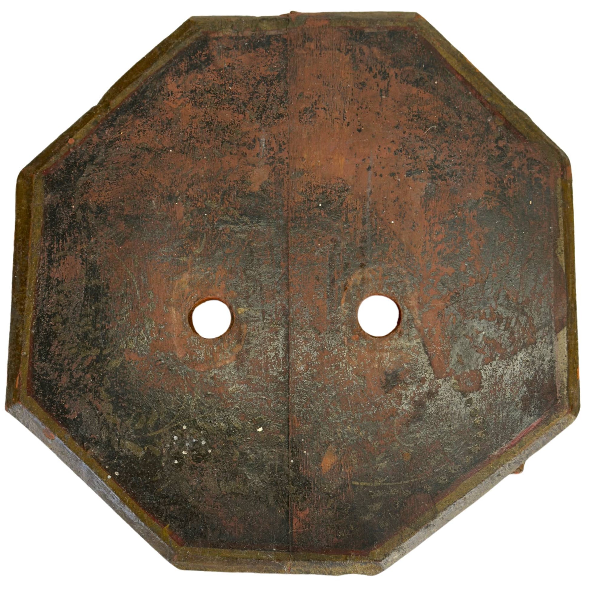Bottom of Indian wooden folk art statue with octagonal base, wear, patina and old signs of use