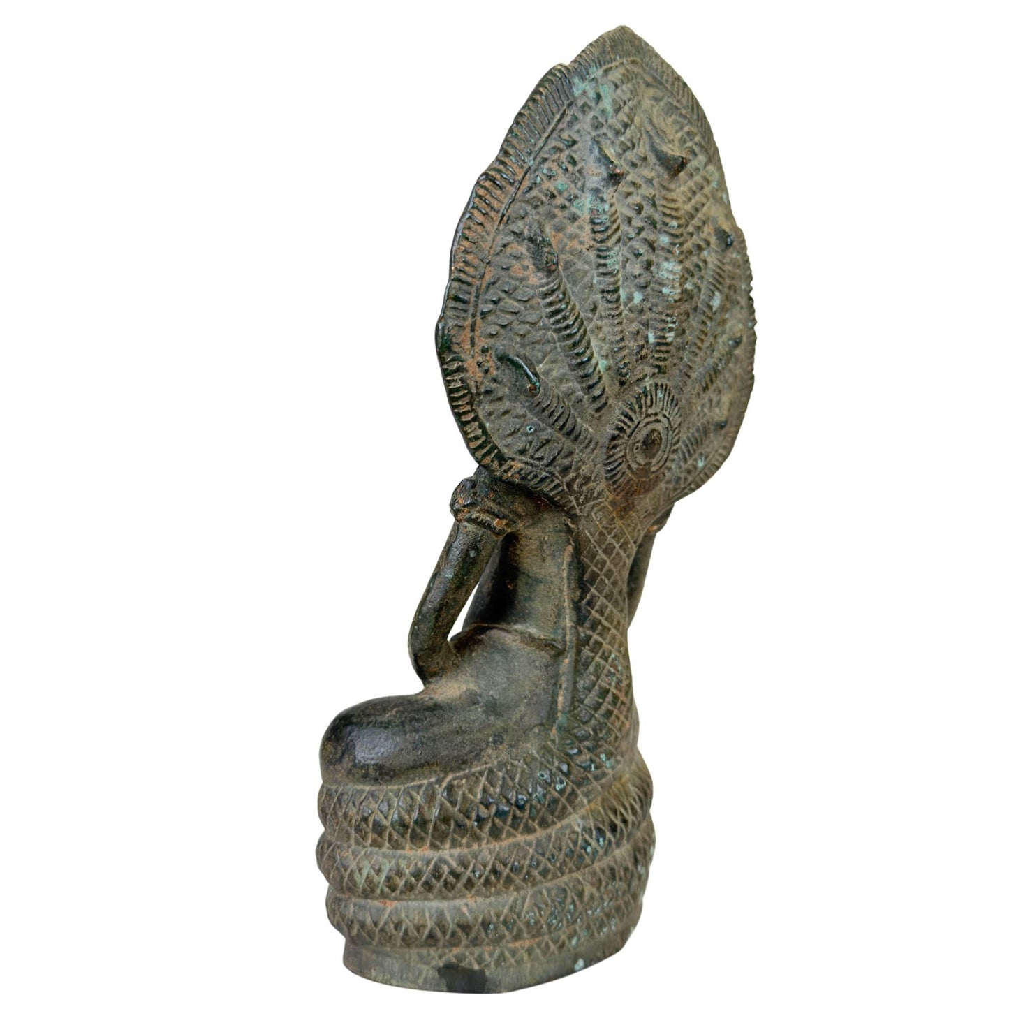 Hollow base of the solid bronze statue with mineral deposits.