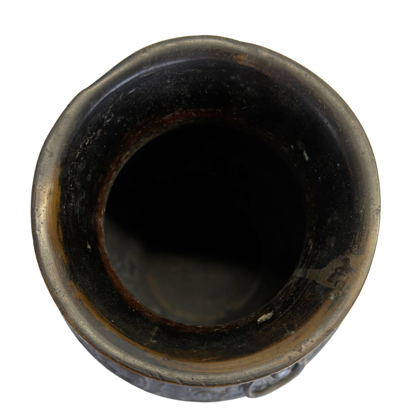 Opening of Japanese bronze vase with dark patina, old interior and subtle wear on the rim