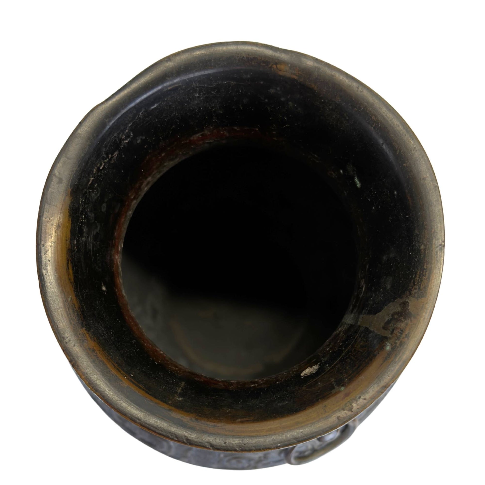 Opening of Japanese bronze vase with dark patina, old interior and subtle wear on the rim