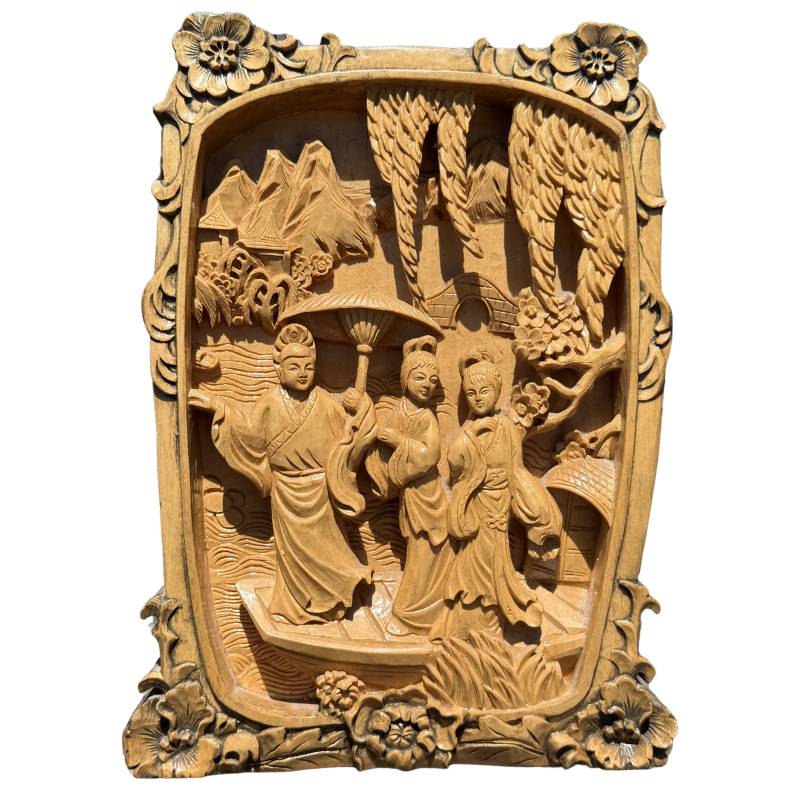 Oriental woodcarving panel with figures, pagoda, and landscape from Chinese folklore
