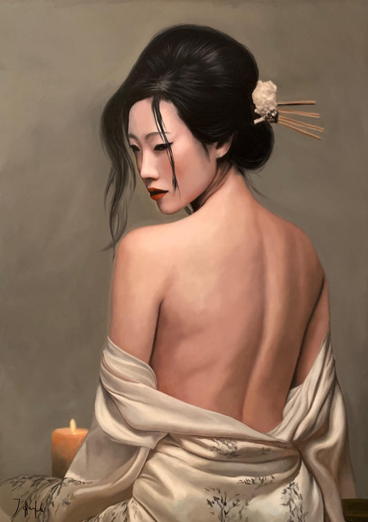 Original hand-painted oil painting on canvas titled Geisha de Marfil, depicting a backless Japanese geisha looking over her shoulder by atmospheric candlelight.