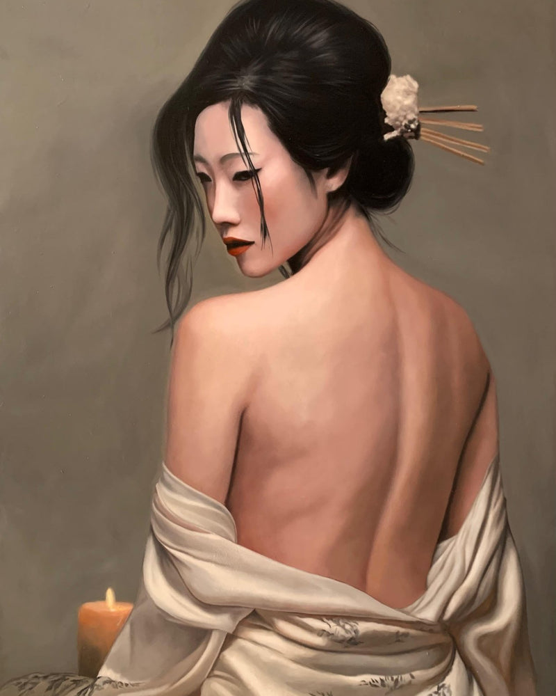 Peinture à l'huile originale « Geisha de Marfil » – Geisha au dos nu