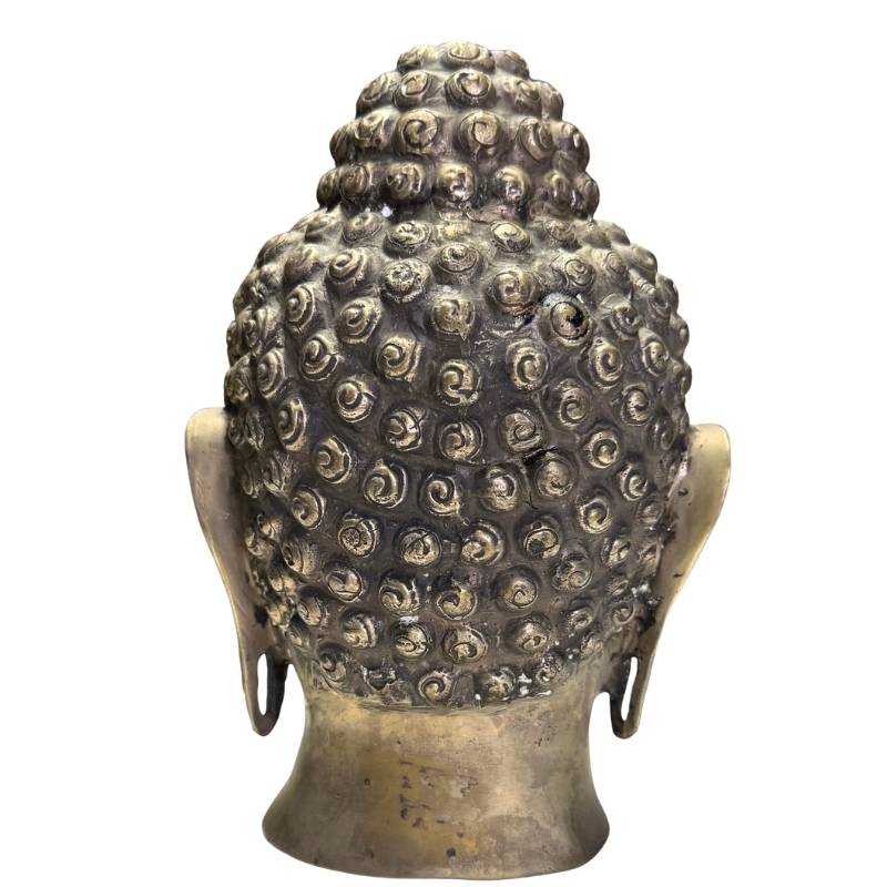 Full back of the bronze Buddha head showing the consistent, natural aging.