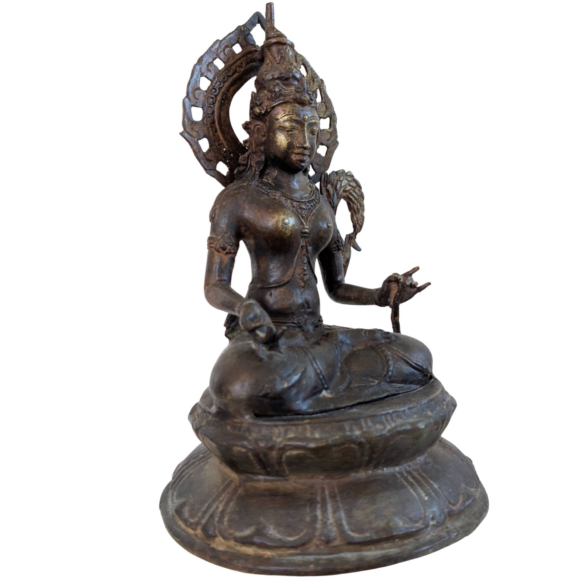 Antique bronze bodhisattva statue with remnants of fire gilding
