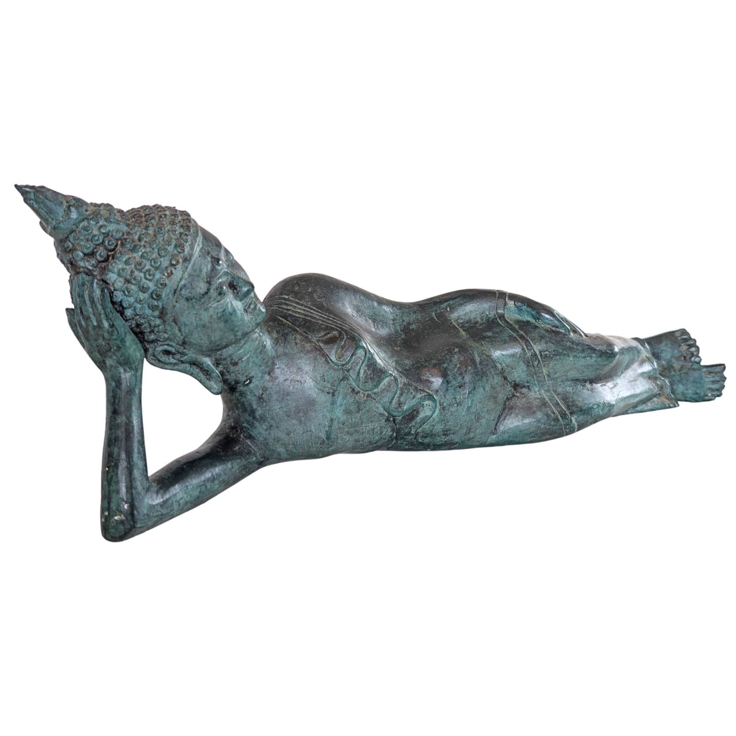 Side view of an antique bronze reclining Buddha from Thailand with a slender body shape.