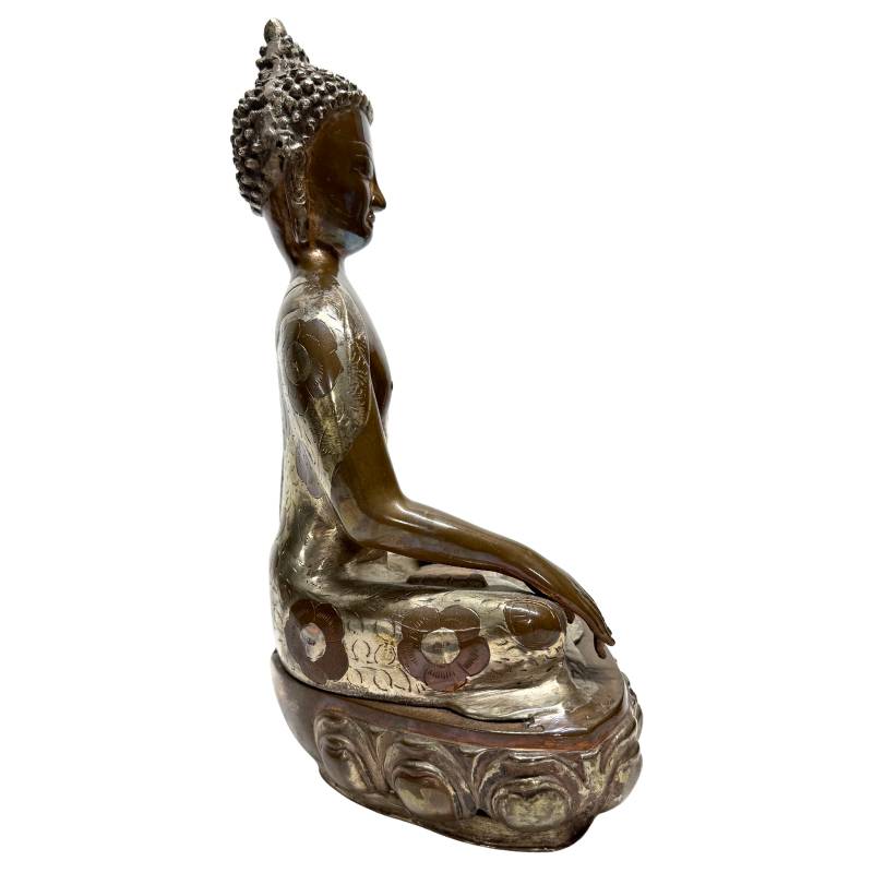 old bronze Buddha Bhumisparsha mudra floral motif handmade