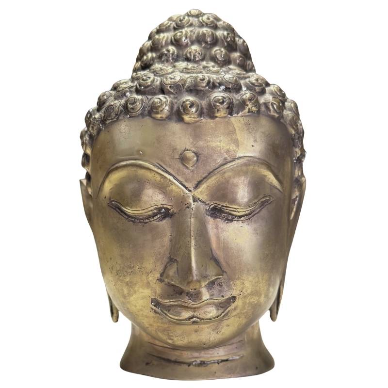 Front view of an old bronze Buddha head with a serene facial expression and gold-colored patina.