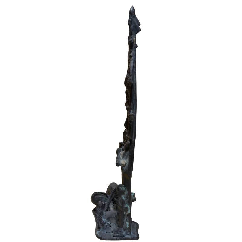Old bronze temple object with Buddha figures, Naga, and ritual details