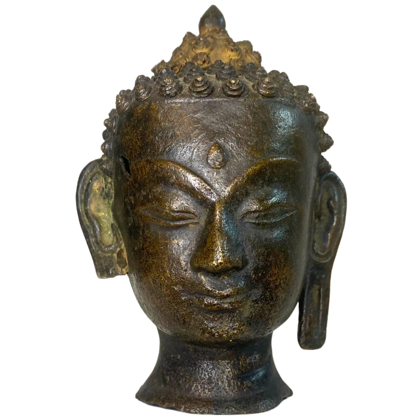 Front view of an old Thai bronze Buddha head with a flame-shaped ushnisha.