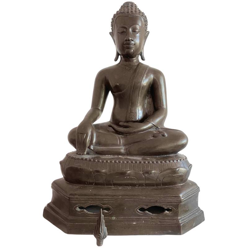 Old Thai bronze Buddha statue in bhumisparsha mudra with natural patina