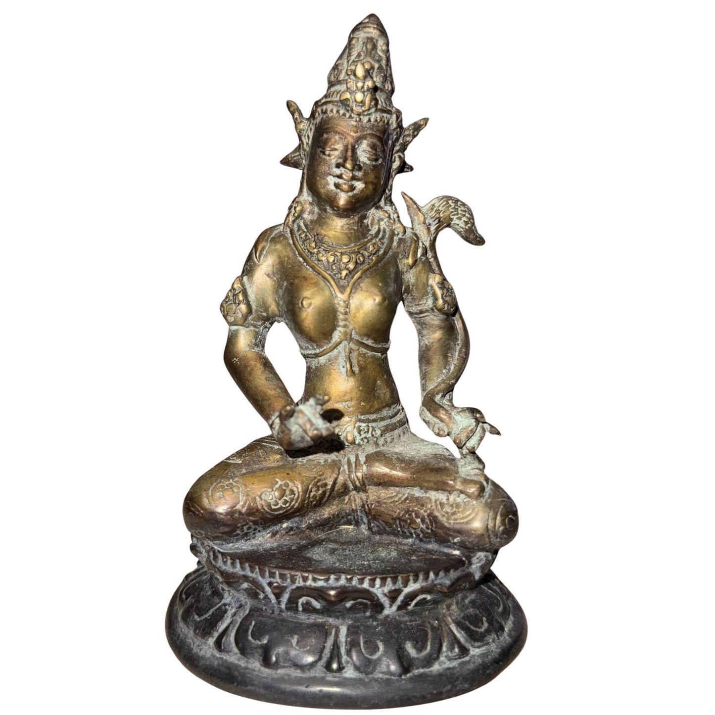 Old bronze Avalokiteshvara with remnants of gilding and natural patina