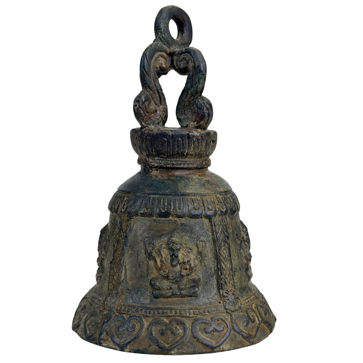Old bronze temple bell with Ganesha relief and natural patina