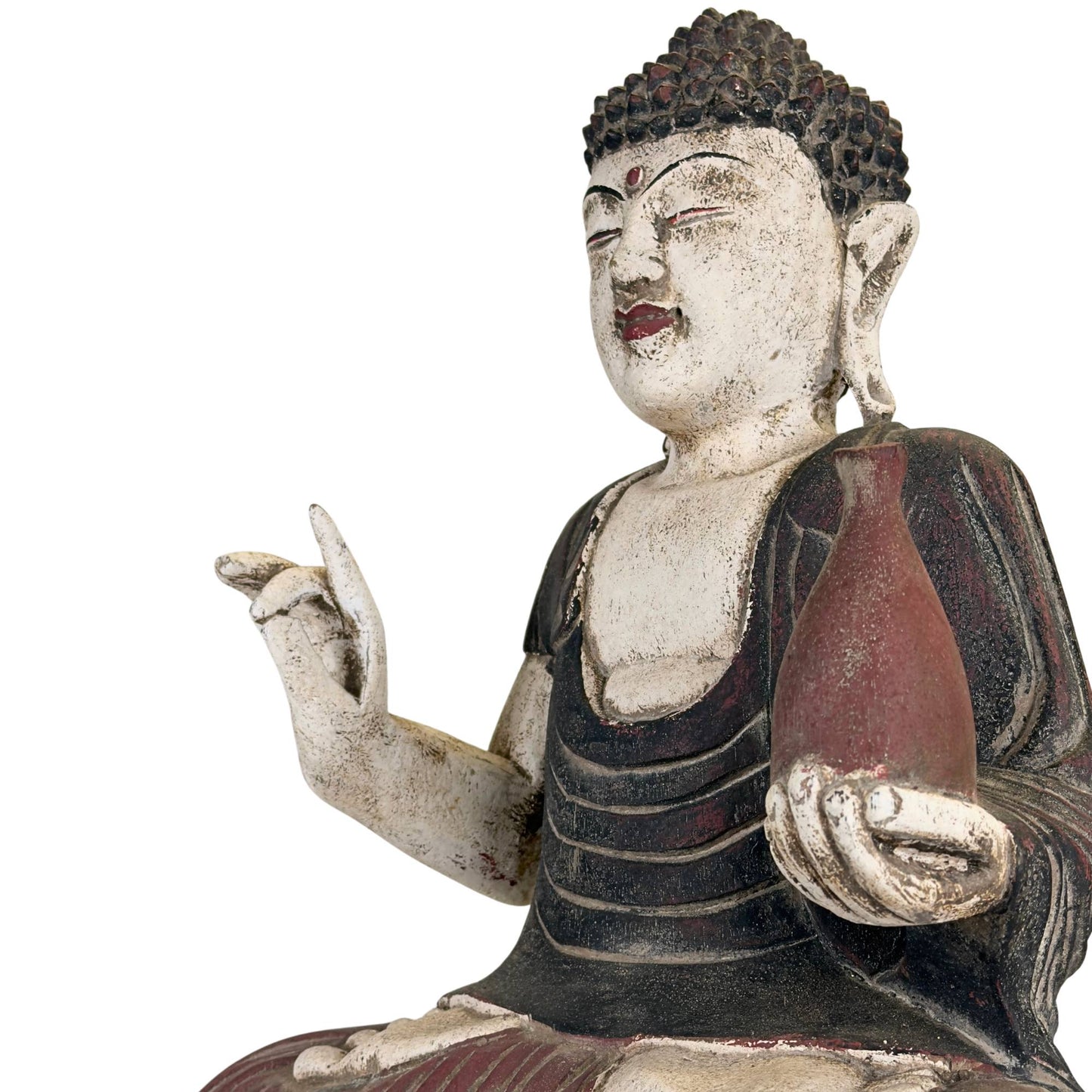 Old wooden Bhaisajyaguru Medicine Buddha with red vase and weathered hand-painted finish