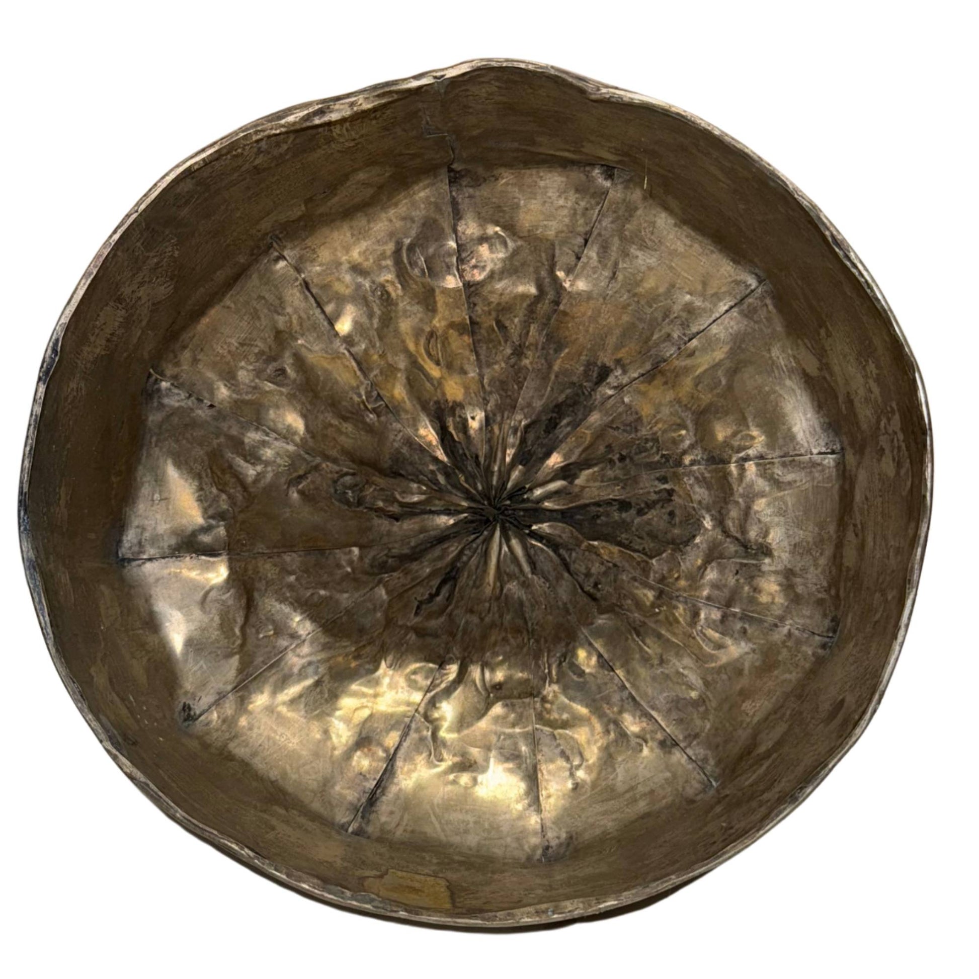 Old Miao crown of handmade metal, richly decorated ceremonial object with fish motifs and authentic patina.