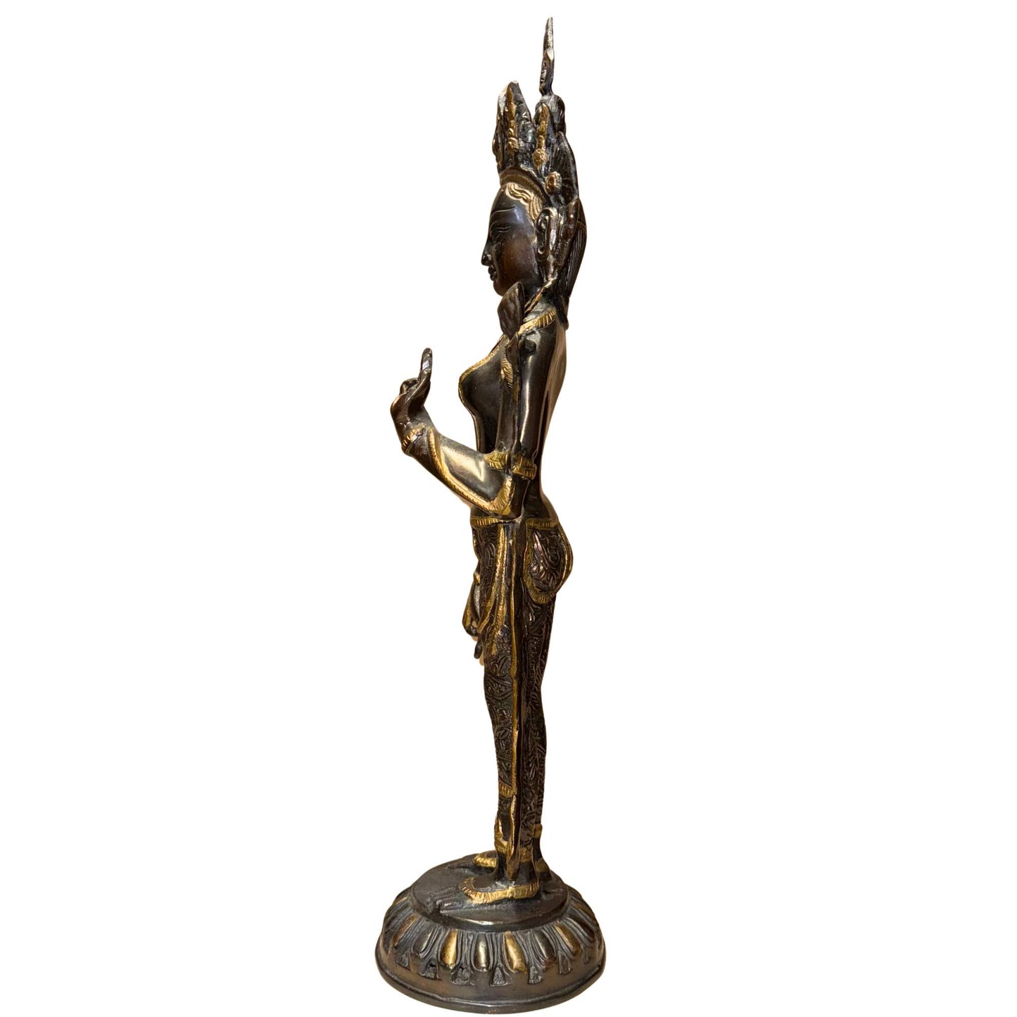 Old bronze Tara goddess with deep patina and traditional Himalayan design