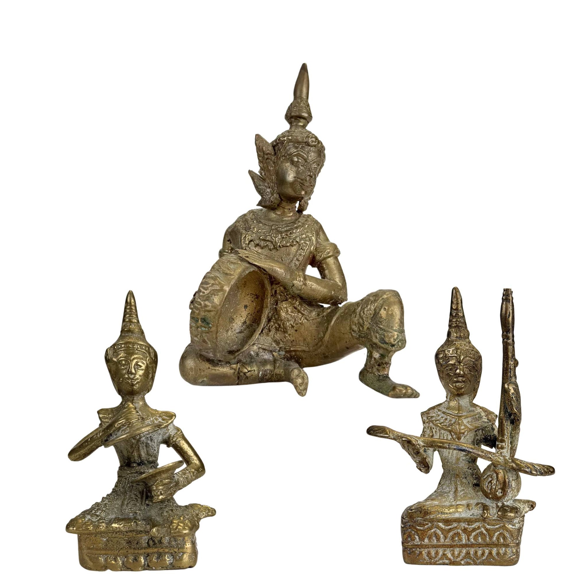 Old Thai bronze musician figure with traditional drum and remnants of gilding