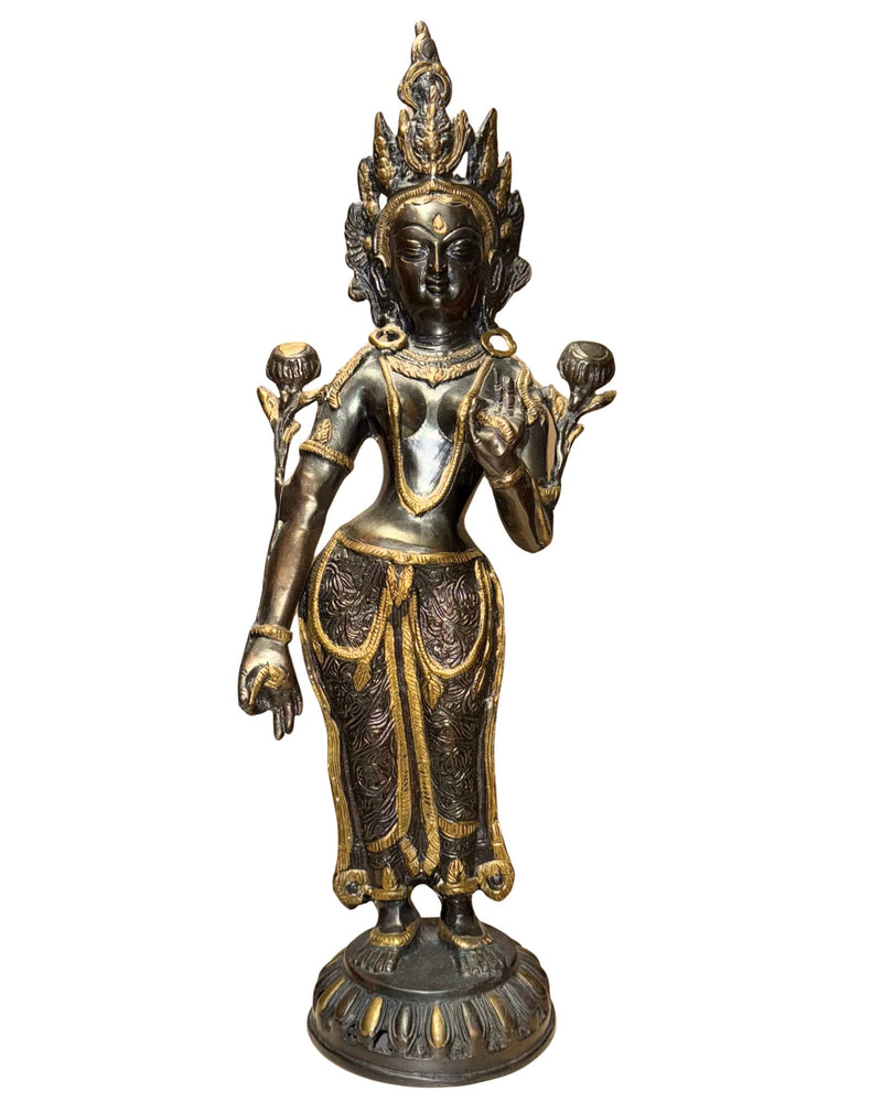 Importante statuette ancienne de Tara verte (Namgyalma/Syama Tara) en bronze himalayen doré au feu – XVIIIe siècle – 51 cm / 4,00 kg - Statue de Bouddha Nepalaise