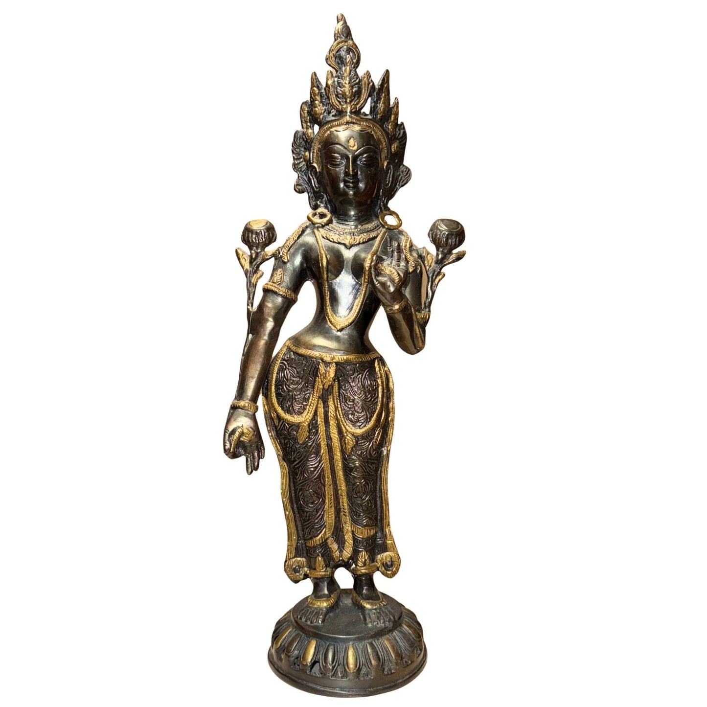 Old Tibetan Tara made of bronze with hand-finished design and dark patina