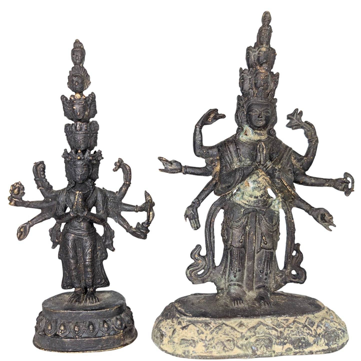 Exceptional pair of standing Avalokiteshvara Sahasrabhuja figures from the 13th-14th century.