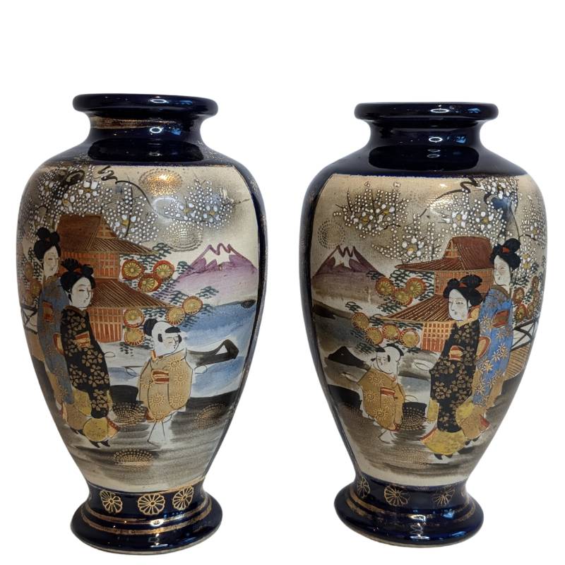 Set of two smaller Japanese Satsuma vases belonging to the 3-piece set
