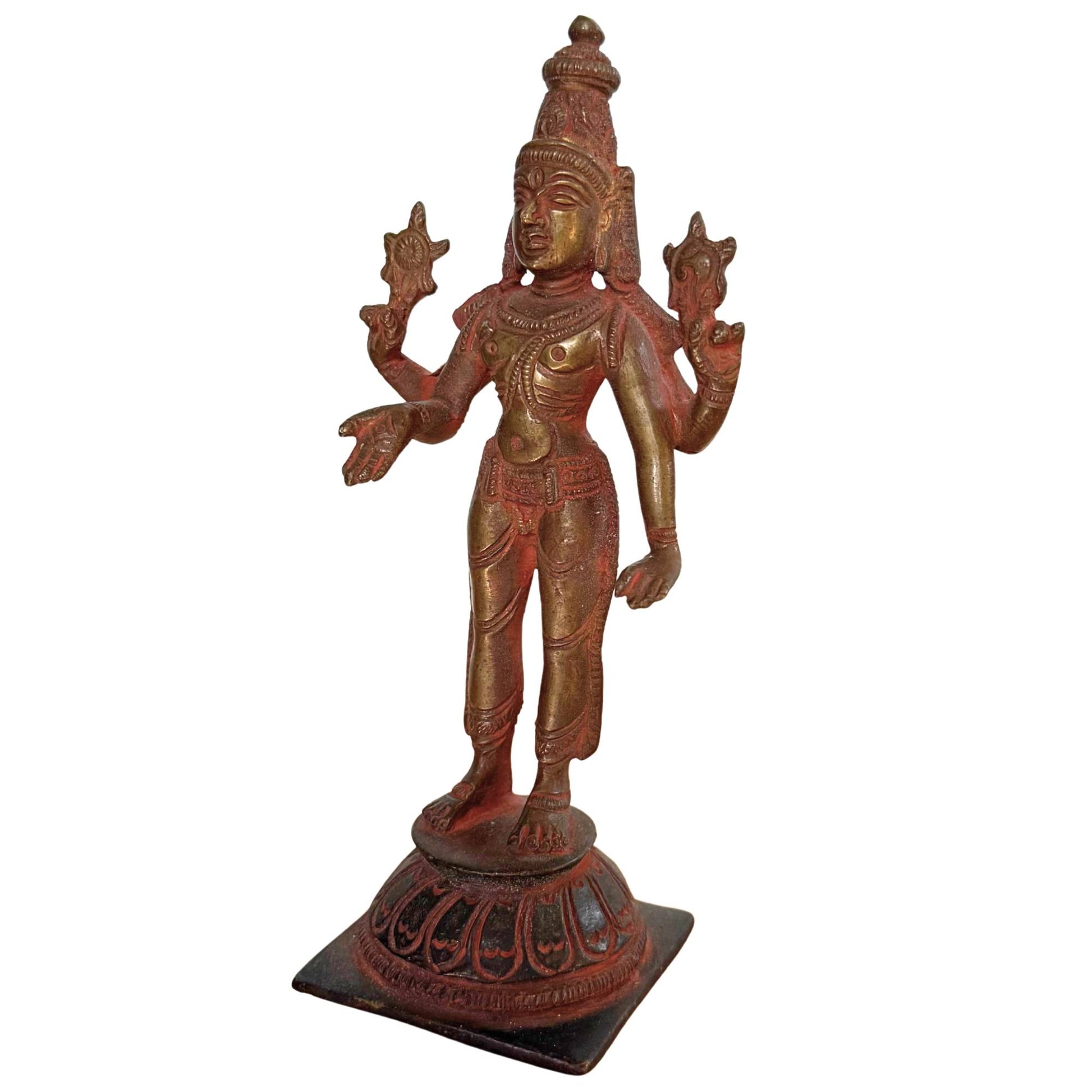 Antique Vishnu statue cast in a high-quality Panchaloha copper alloy