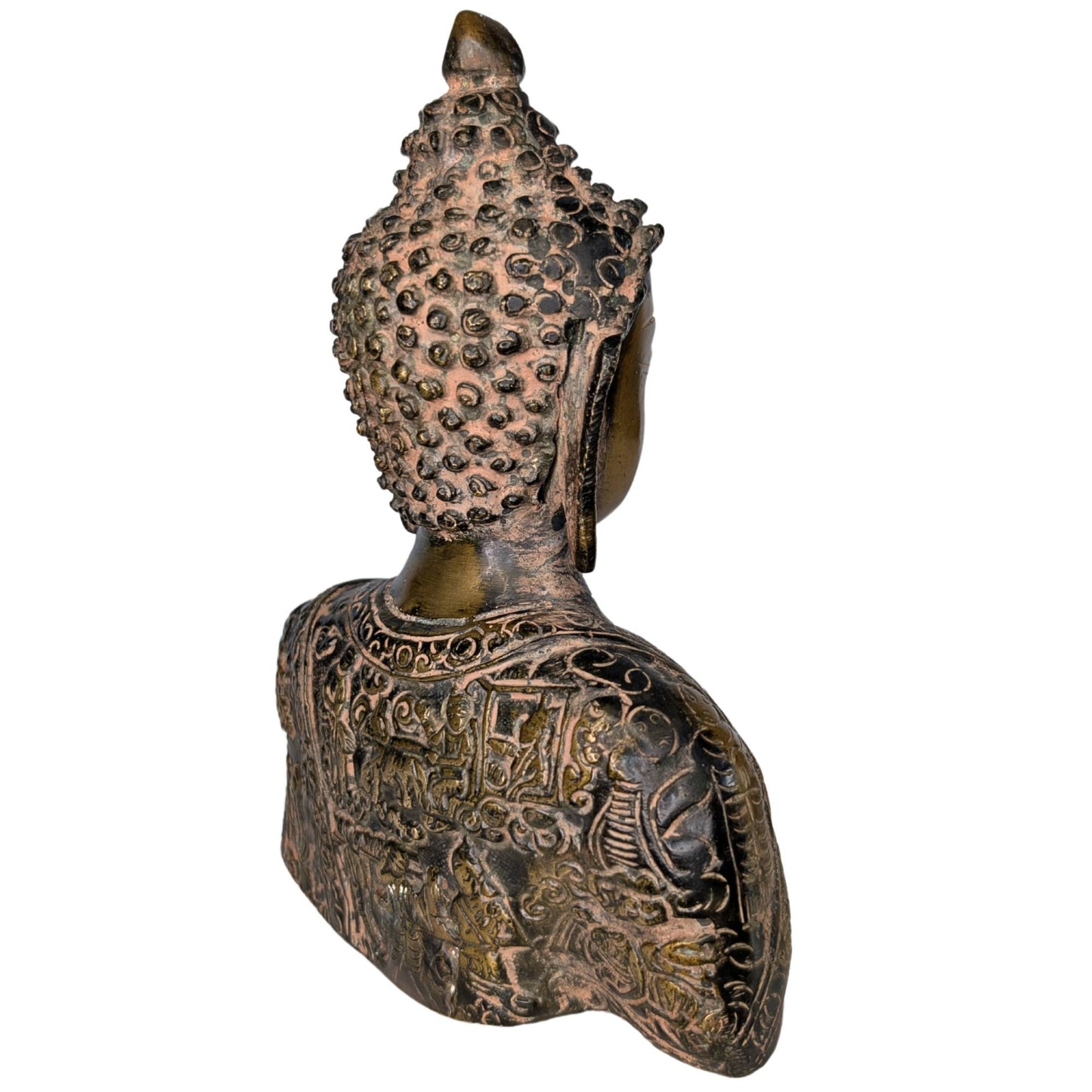 Close-up of the dark patina and the high-quality casting on the shoulder side.