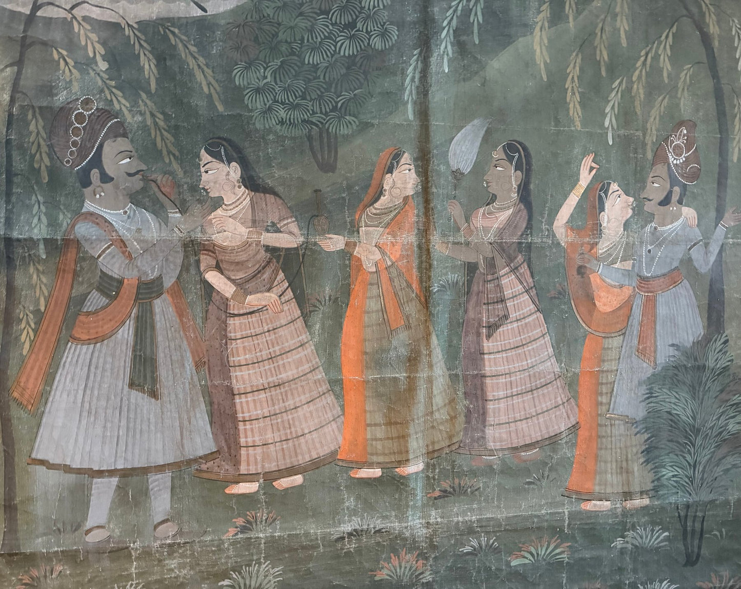 Pichwai painting Krishna with gopis in evening landscape India