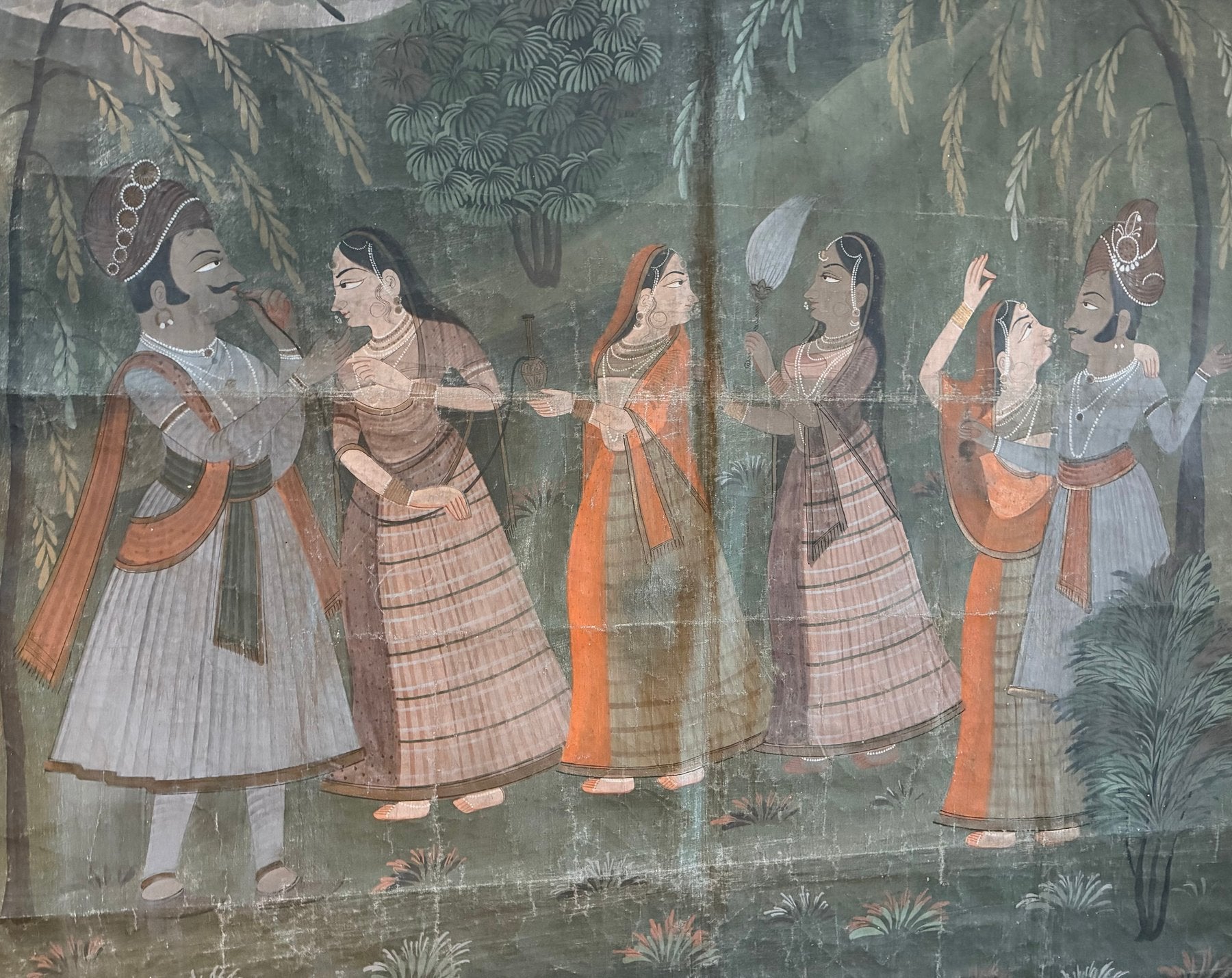 Pichwai painting Krishna with gopis in evening landscape India
