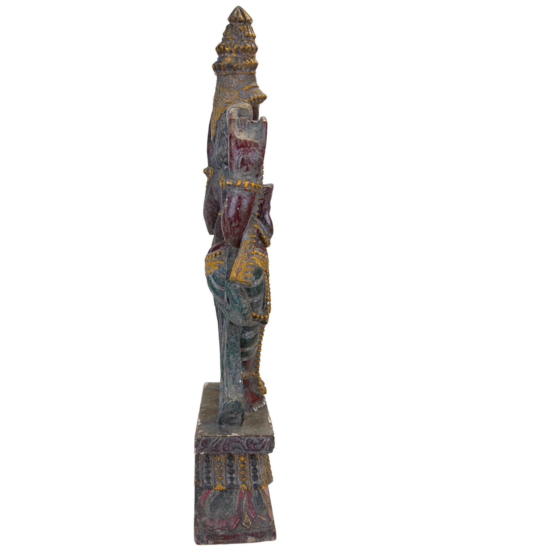 19th-century polychrome wooden Vishnu statue with original paint