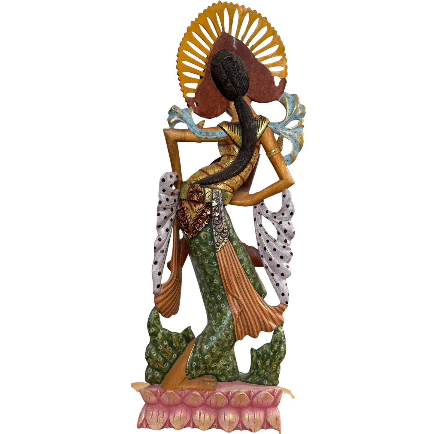 Detail of the polychrome painting and gold accents on the dancer's sarong.