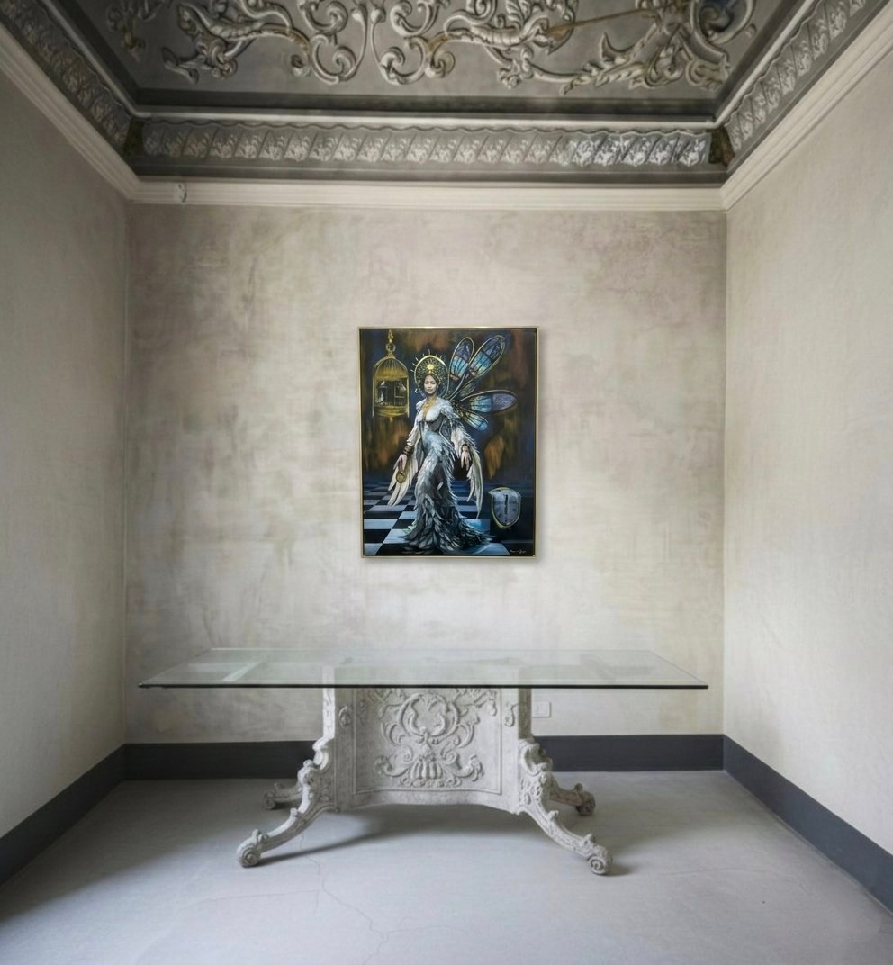 Detail van het gezicht van de hoofdfiguur, personificatie van de menselijke geest.