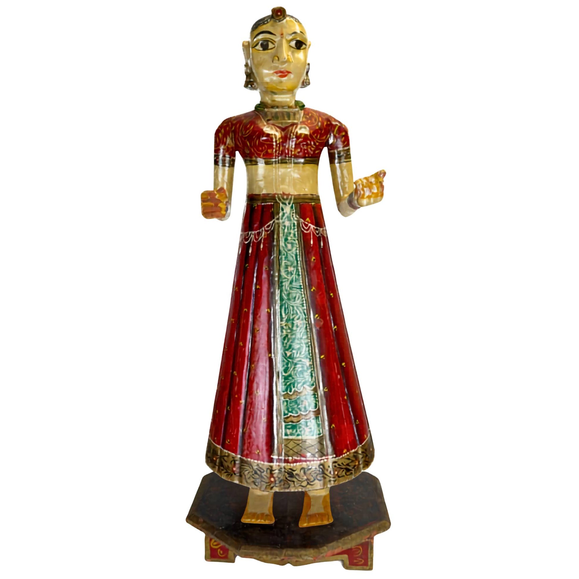Large hand-painted wooden Rajasthani bride statue with red skirt, green central band, and traditional Indian decorative details