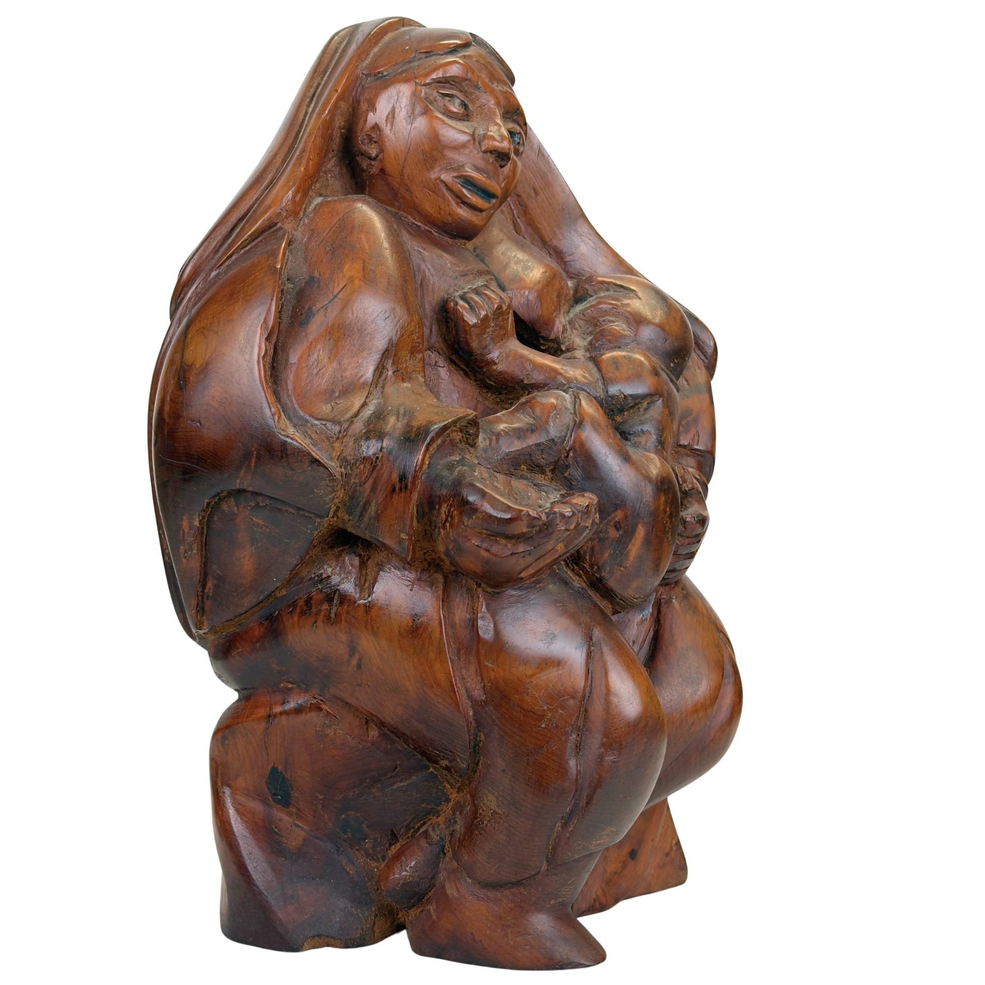 Religious wooden Madonna statue with Mary and Christ child