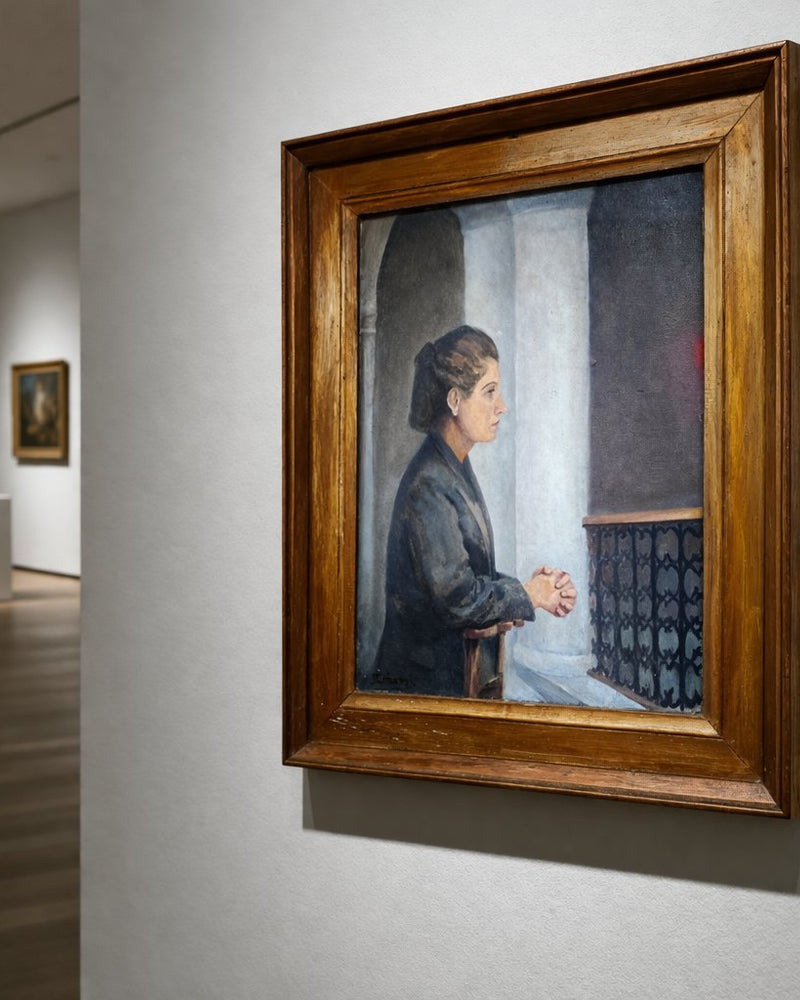 Huile sur toile ancienne représentant une femme de profil – Portrait intime français vers 1930, par René Griboval