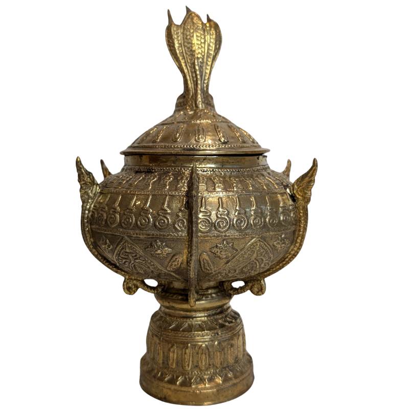Antique bronze ritual bowl with rich decorative relief, Buddhist ceremonial use