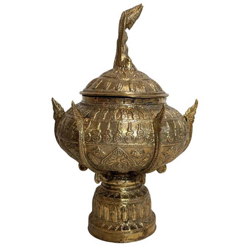 Bronze offering bowl from the Buddhist tradition with lid and symbolic decoration