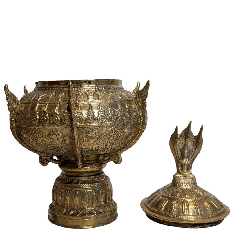 Richly decorated bronze ritual bowl with lid, traditional Buddhist ritual object