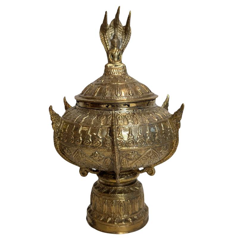 Bronze Buddhist ritual offering bowl with lid, richly decorated ritual bowl used in Buddhist ceremonies