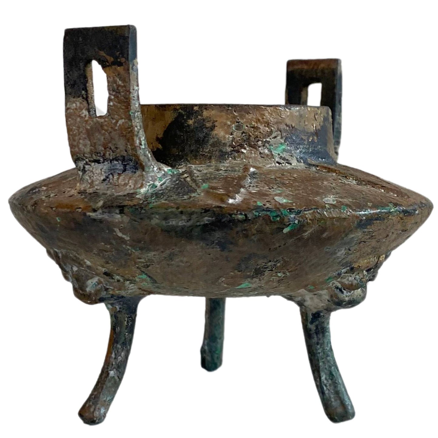Side view of the iron sacrificial vessel with heavy mineral deposits and patina.