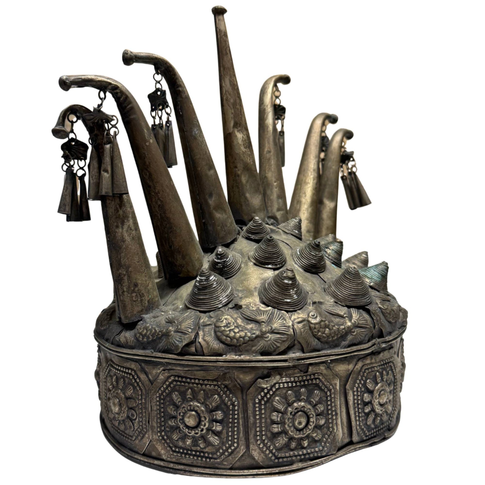 Ritual Miao metal headdress, rare shamanistic object with conical ornaments and hanging bells
