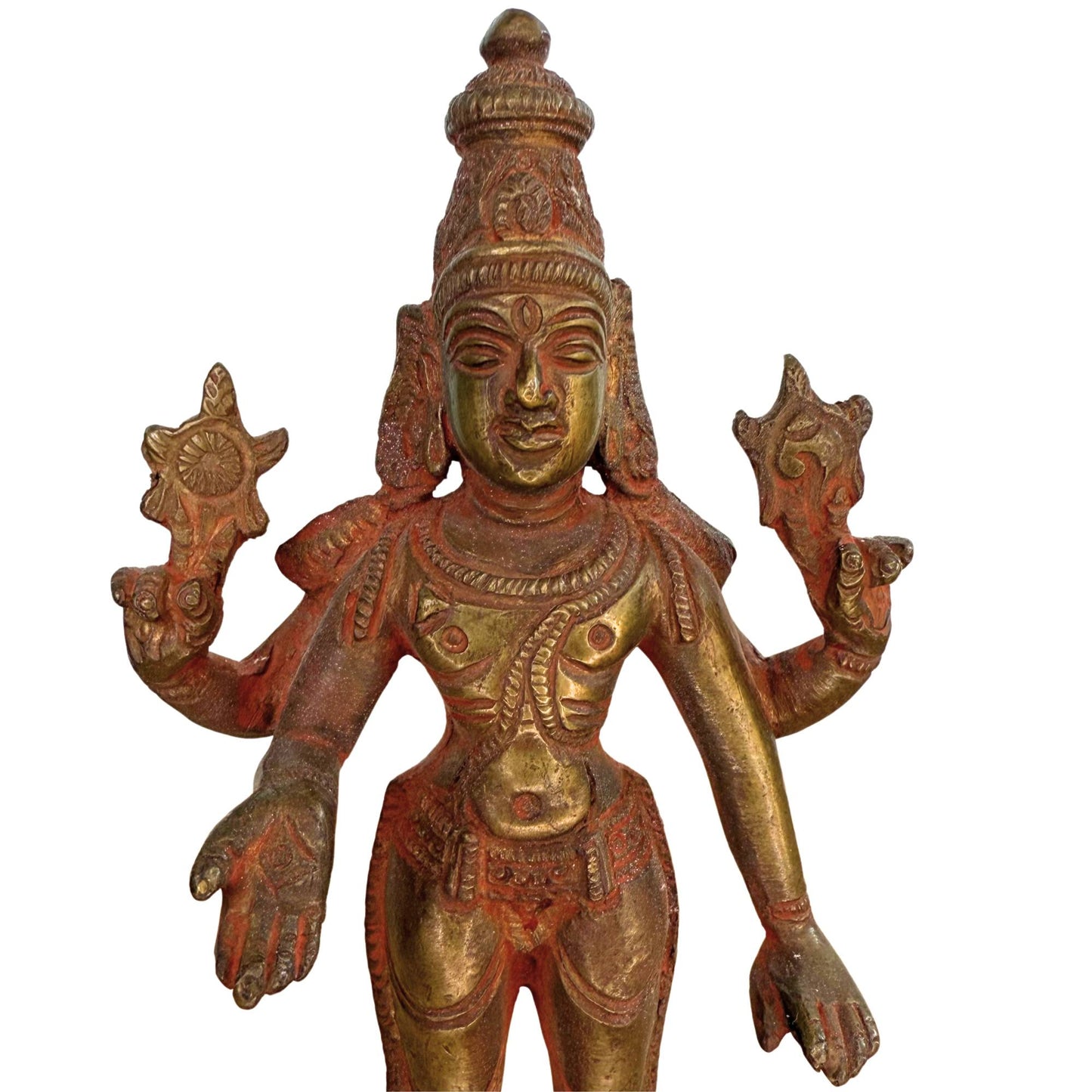 Natural ritual wear on an antique bronze Vishnu statue as evidence of age