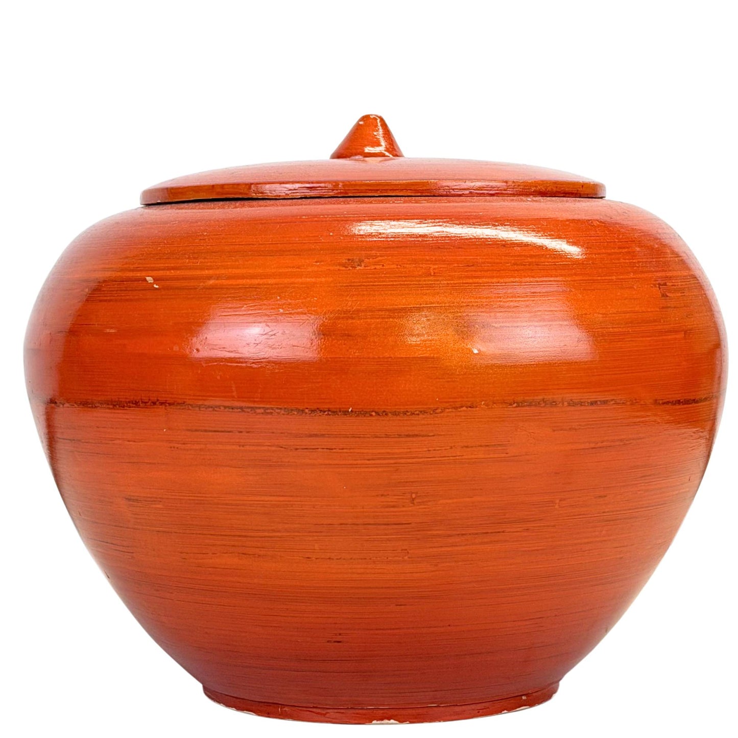 Red Burmese lacquerware offering pot with lid, round handmade ritual object with glossy lacquer and black interior