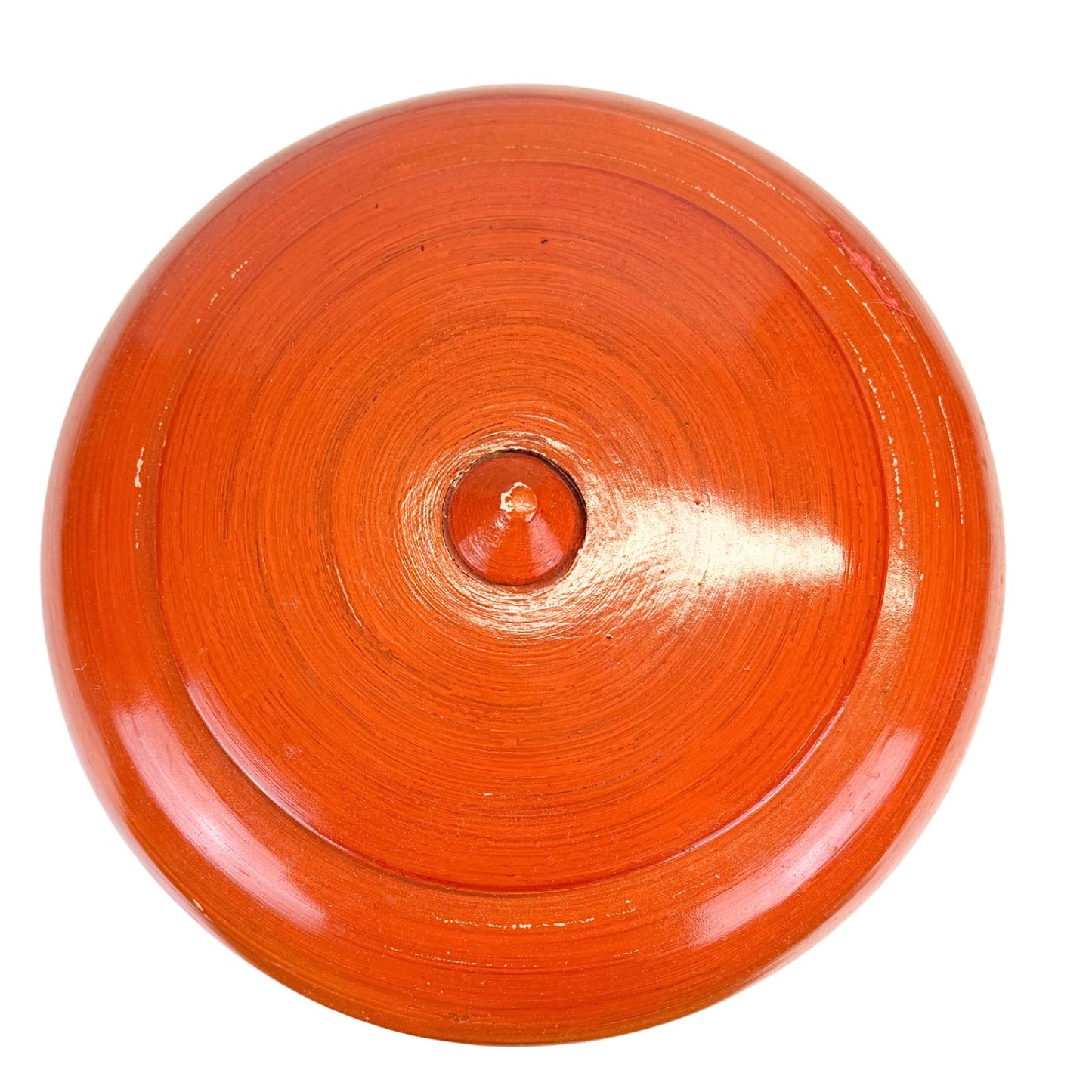 Red offering pot from Burma, traditional lacquered ritual object with a warm color and authentic signs of use.