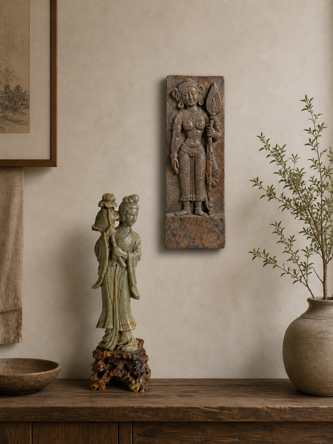 Natural reddish-brown stone base of a vintage Chinese soapstone sculpture.