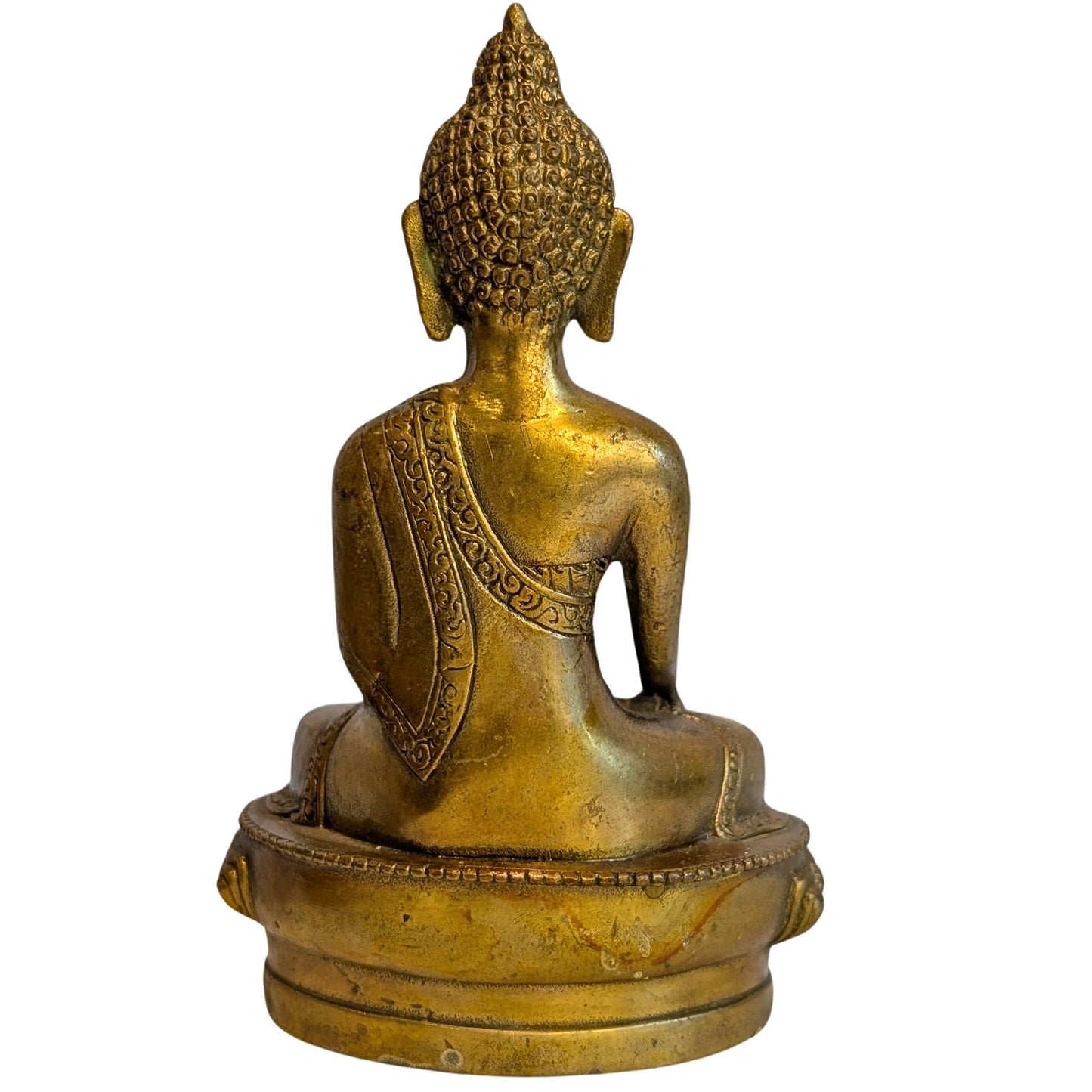 Reverse side of bronze Buddha Medicine sculpture with traditional robes