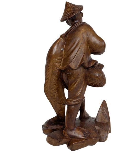 Back of hand-carved Chinese wooden fisherman statue