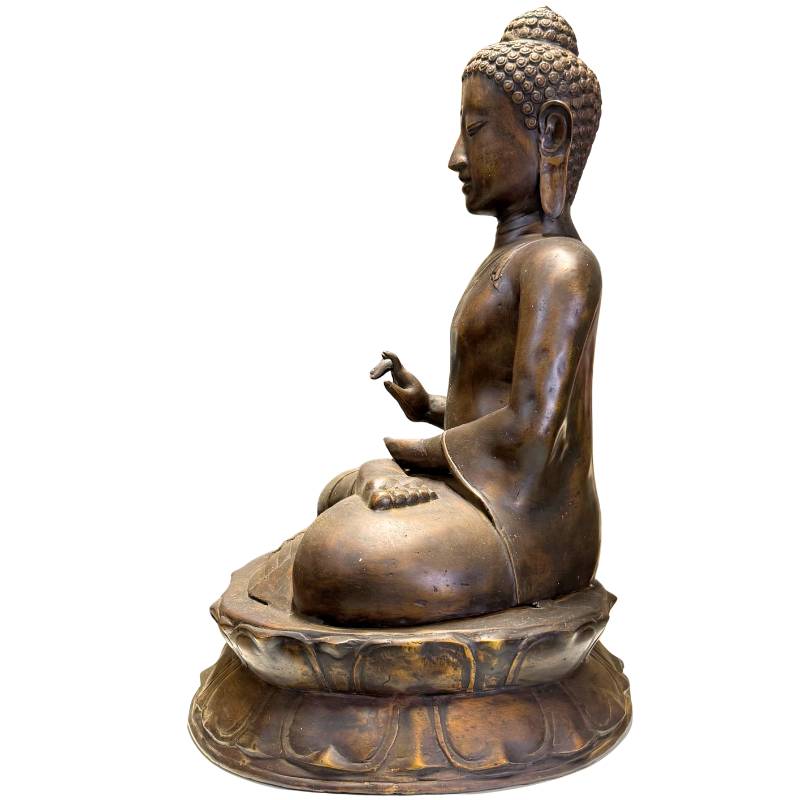 Detail of the full facial features and serene expression of the Javanese Buddha.
